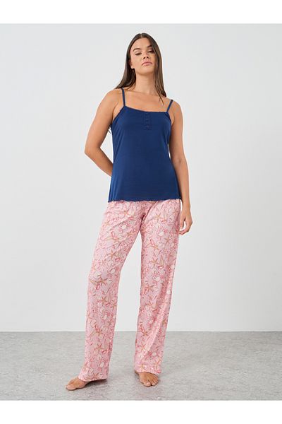 Styli Solid Strappy Lace Trim Top and Pyjama Set