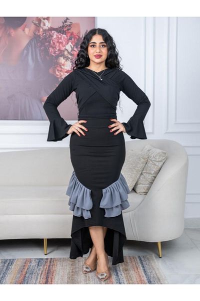 Nice Model Elegant Black Evening Dress Long Sleeve Ruffle Hi-Low Formal Gown Party Wear