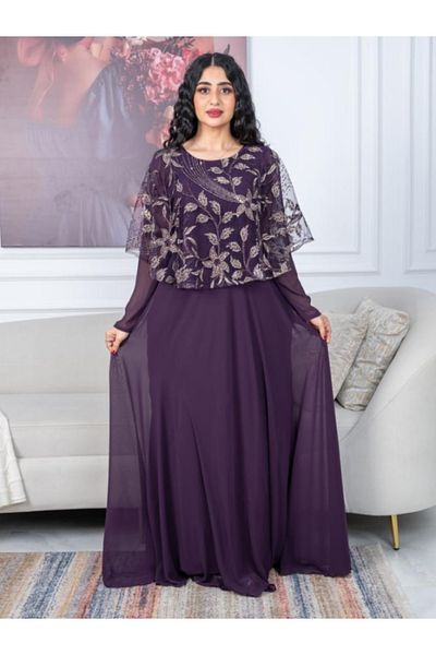 Nice Model Purple Chiffon Evening Dress Long Sleeve Embroidered Cape Formal Gown Elegant Party Wear