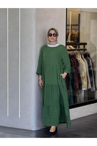 Ranasubaşı Linen Layered Model Dress Green