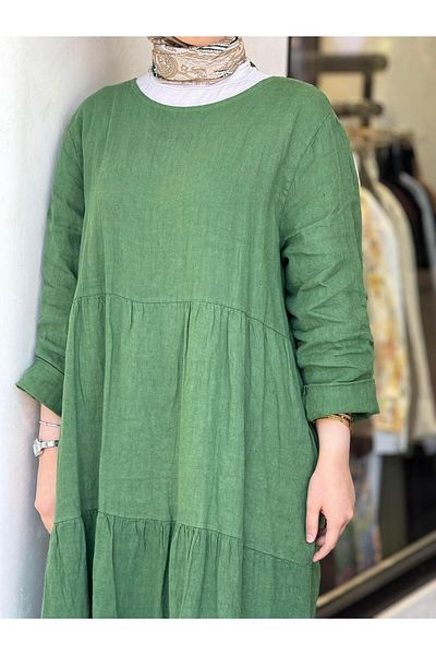 Ranasubaşı Linen Layered Model Dress Green