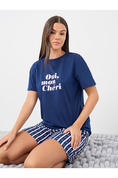 Styli Slogan Print T-Shirt and Striped Shorts Pyjama Set