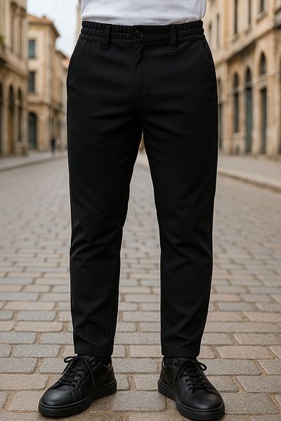 DAMGA JEANS Men's Elastic Waist Wide Leg Flexible Black Trousers