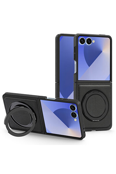 REDz Accessories Husă Soft Hold MagSafe cu inel rotativ pentru Samsung Z Flip7, rezistentă la șocuri, aspect piele, neagră