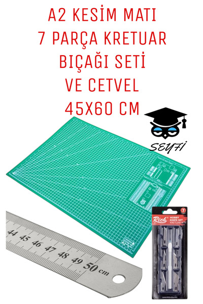 SEYFİKİRTASİYE 45X60 CM A2 KESİM MATI SETİ 50 CM CETVEL VE 7 PARÇA KRETUAR BI...