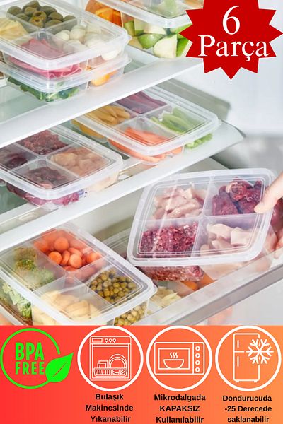 DOVİHOME 6 Pieces 400 ml 4 Compartment Frozen Meat and Vegetable Storage Container Set - Freezer and Mincer Organizer