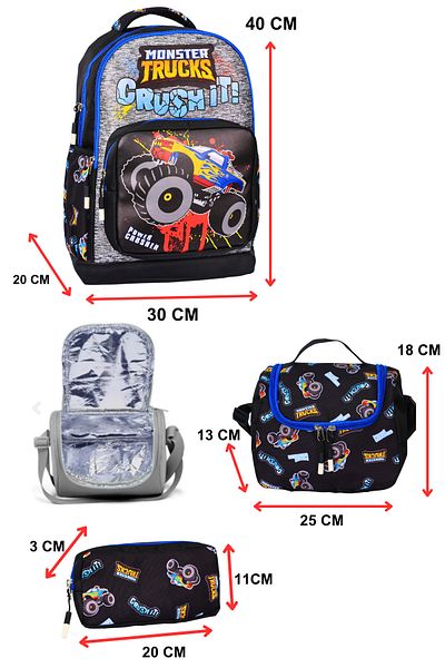 çantamgelsin Geantă de școală pentru 3 ani pentru școala primară cu imprimeu Monster Car, cu nutriție pentru băieți și suport pentru creion