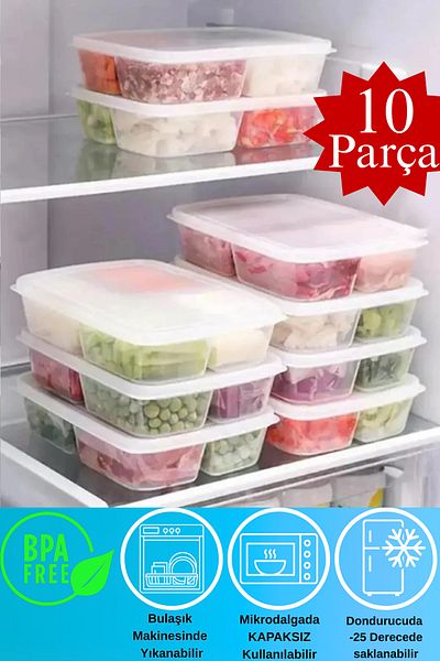 DOVİHOME 10 Pieces 1000 ml 4 Compartment Frozen Meat and Vegetable Storage Container Set