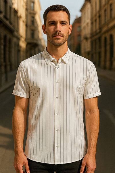 DAMGA JEANS Men's Summer Short Sleeve Striped White Loose Shirt