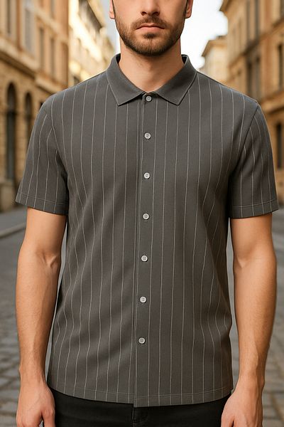 DAMGA JEANS Men's Summer Short Sleeve Striped Smoked Loose Shirt