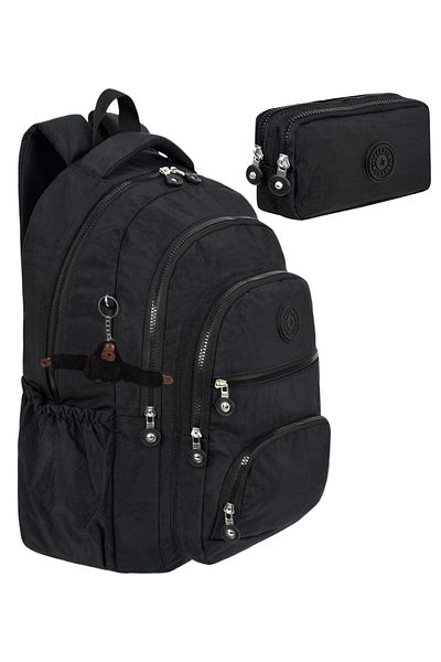 çantamgelsin Set of 2 Luxury Crinkle Fabric High School and Middle School Backpack + Pen Holder, Monkey Keychain Gift
