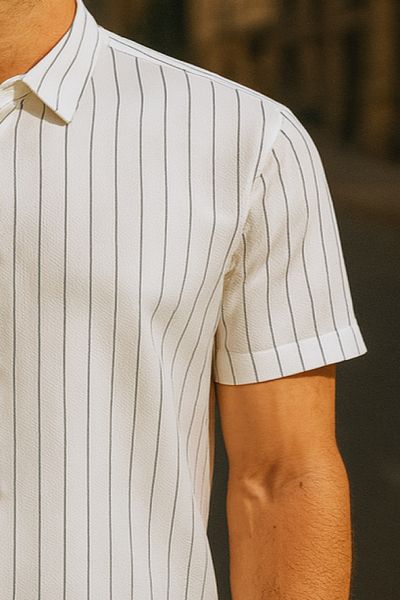 DAMGA JEANS Men's Summer Short Sleeve Striped White Loose Shirt