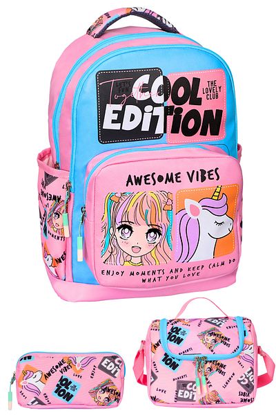 çantamgelsin 3-Piece Primary School Cool Edit Printed School Bag with Girl's Nutrition and Pen Holder