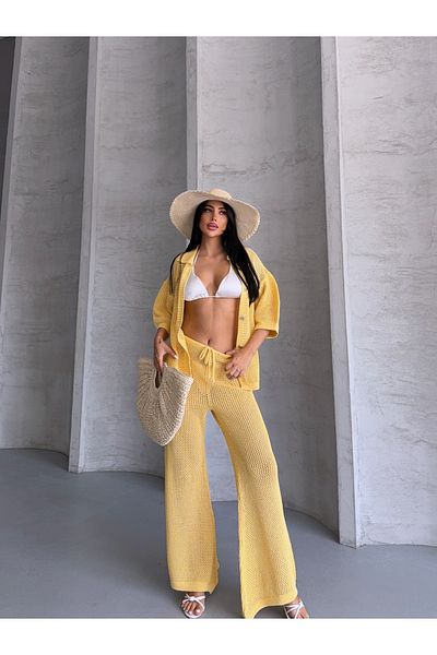 erki triko Openwork Shirt Collar Pareo Bottom-Top Knitwear Set