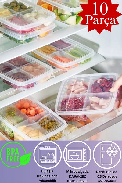 DOVİHOME 10 Pieces 400 ml 4 Compartment Frozen Meat and Vegetable Storage Container Set - Freezer and Ground Meat Organizer