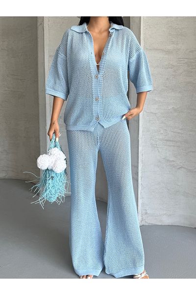 erki triko Openwork Shirt Collar Pareo Bottom-Top Knitwear Set