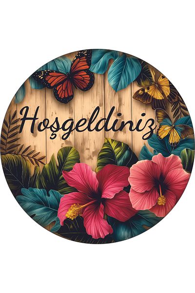 estölye Welcome Door Ornament 2D Tropical Flowers and Butterflies Decorative Print Door Ornament