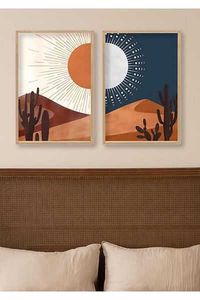 NT Handmade Uv Print of 2 Abstract Landscape Wall Paintings with Natural Wood Frame – Modern & Stylish Wall Decor