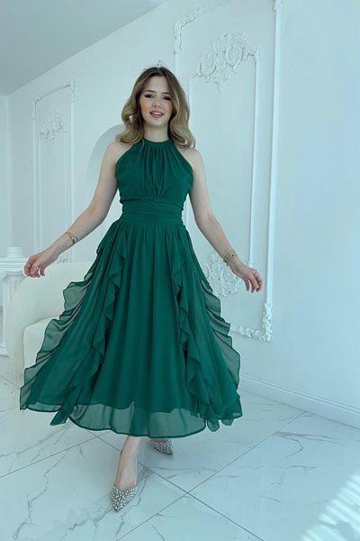 HELİS BUTİK Smocked Front Skirt Ruffle Emerald Chiffon Dress