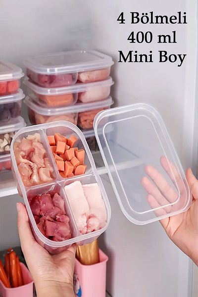 DOVİHOME 10 Pieces 400 ml 4 Compartment Frozen Meat and Vegetable Storage Container Set - Freezer and Ground Meat Organizer