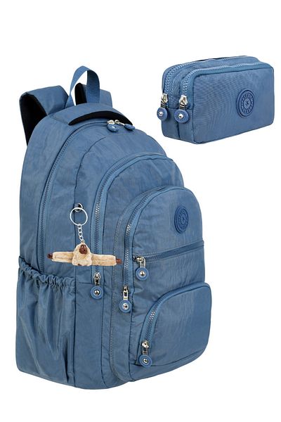 çantamgelsin Set of 2 Luxury Crinkle Fabric High School and Middle School Backpack + Pen Holder, Monkey Keychain Gift