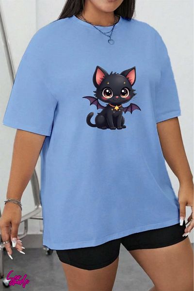 SevMode In Cart 5 and Above Purchases Get 1 T-Shirt as a Gift - Black Cat Printed Large Size T-Shirt
