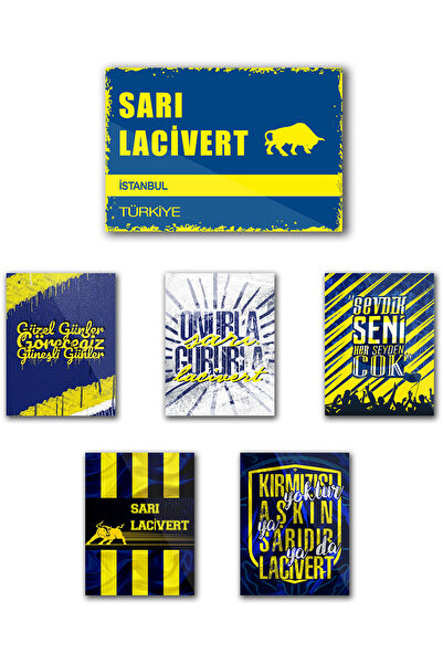 TABLOX 6 Parça "fęnęrbahçe" Sarı Lacivert Taraftar Sözleri Kanarya Dekoratif Mdf Tablo Retro Tabela