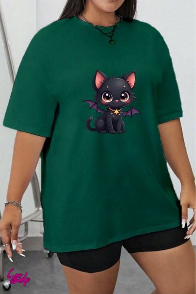 SevMode In Cart 5 and Above Purchases Get 1 T-Shirt as a Gift - Black Cat Printed Large Size T-Shirt