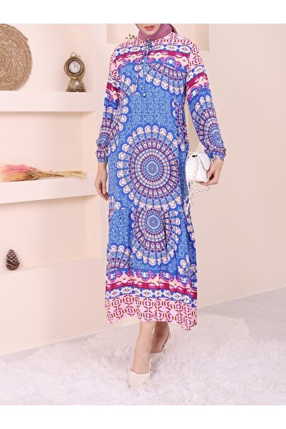 trend_ermege Φόρεμα με ελαστικό μανίκι με κορδόνια - Μπλε - ΣΥΛΛΟΓΗ