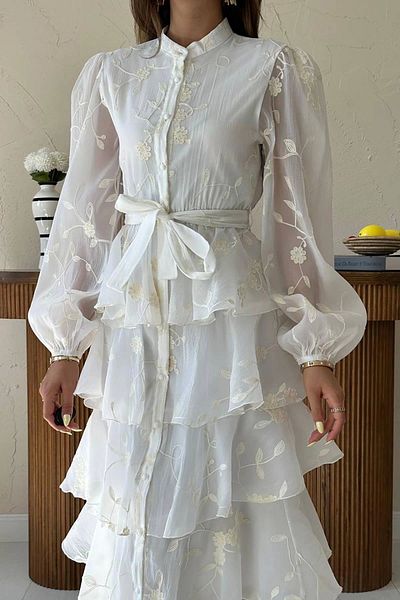 HELİS BUTİK Embroidered Carolin Fabric Flounced Layered Ecru Belted Dress