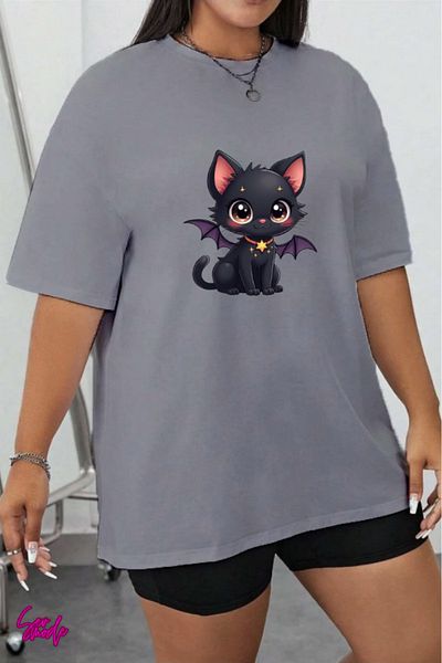 SevMode In Cart 5 and Above Purchases Get 1 T-Shirt as a Gift - Black Cat Printed Large Size T-Shirt