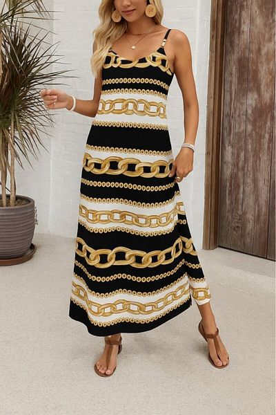 Gökyüzü Moda Women's Patterned Single Jersey Dress with Wide V-Neck and Rope Strap