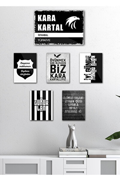TABLOX 6 Parça "beșįktaș" Siyah Beyaz Taraftar Sözleri Kartal Futbol Dekoratif Mdf Tablo Sokak Tabelası
