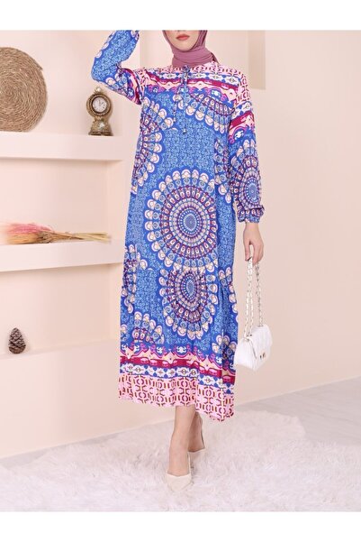 trend_ermege Φόρεμα με ελαστικό μανίκι με κορδόνια - Μπλε - ΣΥΛΛΟΓΗ