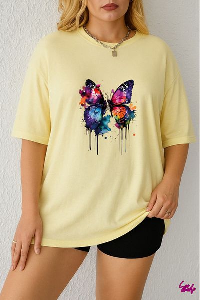 SevMode In the Cart, 1 T-Shirt Is a Gift for Purchases of 6 or More - Colorful Butterfly Printed Large Size T-Shirt