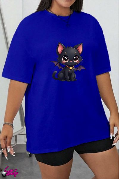 SevMode In Cart 5 and Above Purchases Get 1 T-Shirt as a Gift - Black Cat Printed Large Size T-Shirt