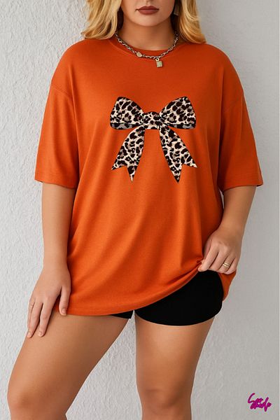 SevMode In the Cart, 1 T-Shirt Is a Gift for Purchases of 6 or More - Leopard Ribbon Printed Large Size T-Shirt