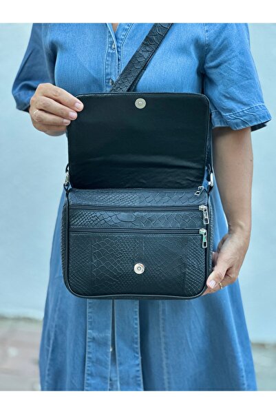 Deribag Genuine Leather, Medium Size, Black, Cross Strap, Women's Shoulder Bag 25*21*8 cm