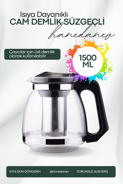 Hanedanev Heat Resistant Glass Teapot with Strainer 1500 ml Tea Maker Tea Maker Teapot Teapot 1.5 Liter