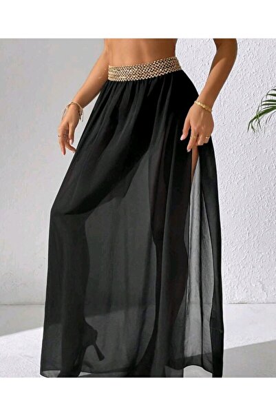 sayina Women's Waist Ribbon Embroidery Rubber Black Tulle Long Pareo