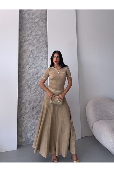 erki triko Glitter Ribbed Top Pleated Skirt Bottom-Top Knitwear Set