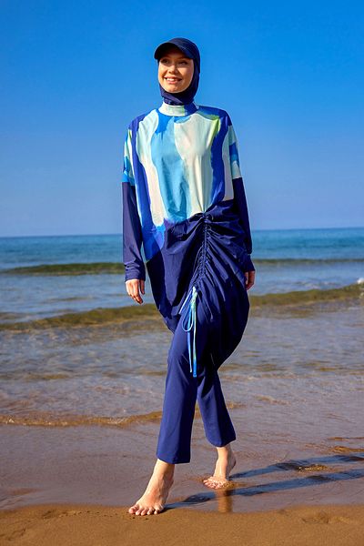 Marina Swimwear Navy Blue Full Covered Hijab Swimsuit with Hidden Zipper, Special Design with Drawstring Detail M2513