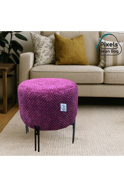 PixelsBeanBag Pixel Bean Bag Round Linen Ottoman with Metal Base for Living Room and Bedroom