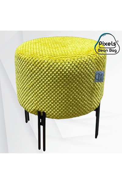 PixelsBeanBag Pixel Bean Bag Round Linen Ottoman with Metal Base for Living Room and Bedroom