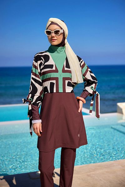 Marina Swimwear Brown Full Covered Hijab Swimsuit Fashion Show Special Design with Back Zipper M2519