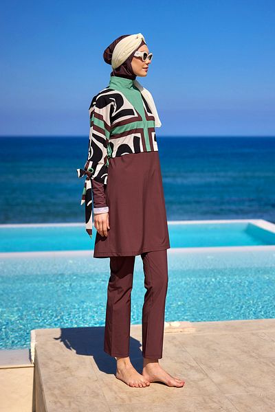 Marina Swimwear Brown Full Covered Hijab Swimsuit Fashion Show Special Design with Back Zipper M2519