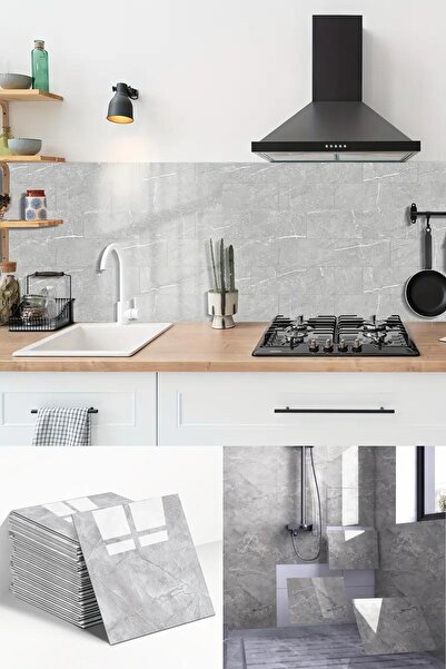 Yu Su Tools 5 Adet Yapışkanlı Duvar Paneli – Isıya, Neme Suya Dayanıklı, Kendinden Yapışkanlı Gri Mermer Kaplama