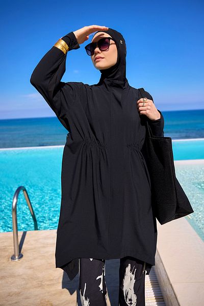 Marina Swimwear Black Full Covered Hijab Swimsuit – Wide Leg Pants with Asymmetrical Tunic and Inner Leggings M2503-3