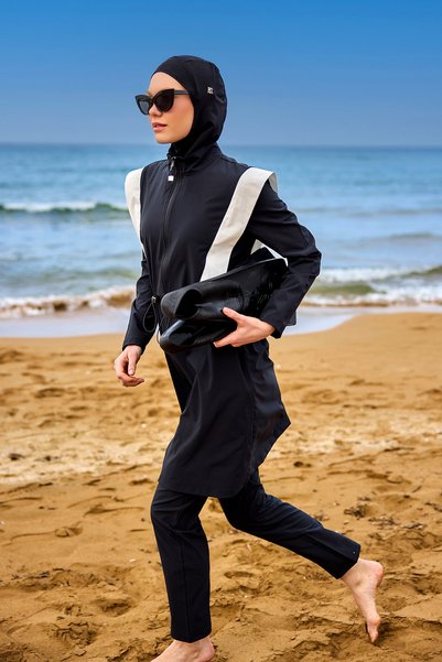 Marina Swimwear Black Full Covered Hijab Swimsuit – Stopper Detailed, M2526-1
