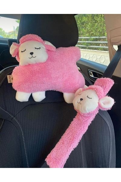 Ece Genç Pink Lamb Car Neck Pillow and Seat Belt Accessory Plush Sheath Set (1 Pillow and 1 Case)